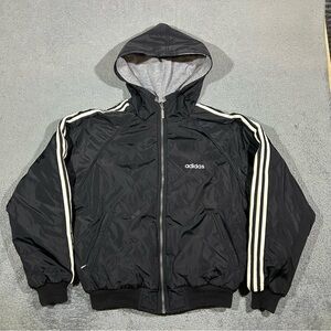 Vintage 90s Adidas Hooded Jacket Men’s Small Black Reversible Trefoil Bomber Zip